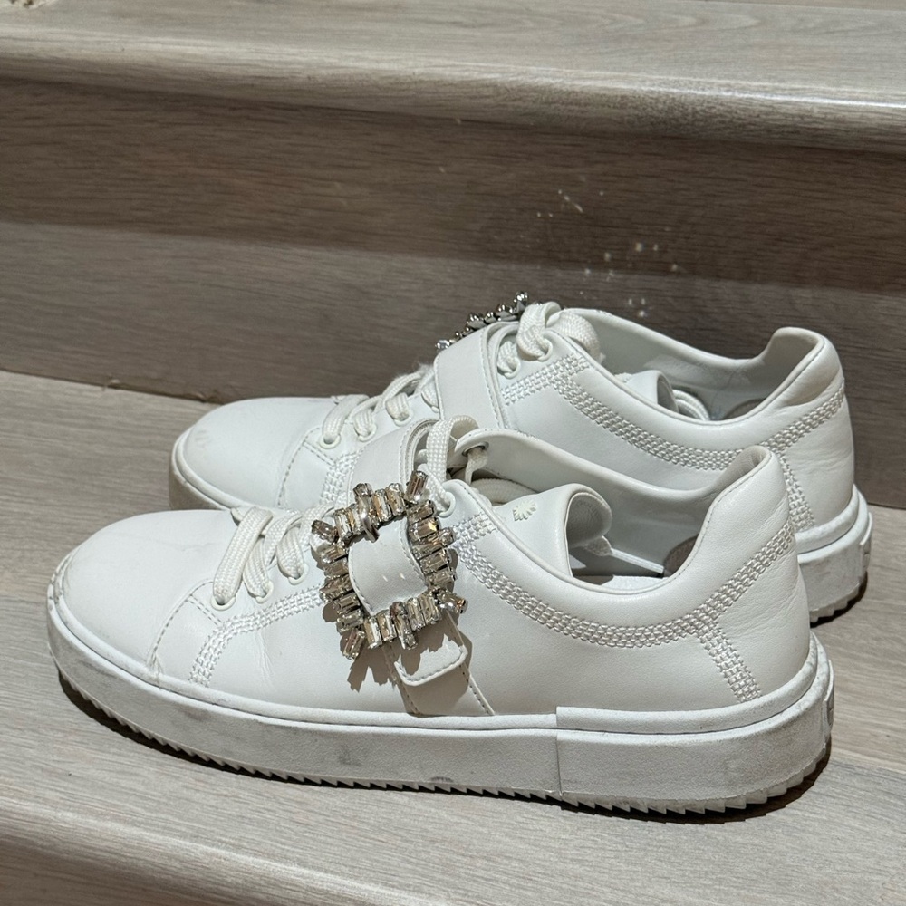 Stuart Weitzman White Sneakers with Sparkling Buckle